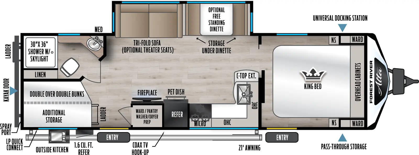Has a super slide on the off-door-side with a sleeper sofa and booth that can be optioned with theater seats IPO the sofa or table and chairs IPO the booth. There are two entry doors on the awing or door-side of the unit. Layout from front to back-  secondary entry with King size bed that runs north and south, slider door into a walk through bath with a 30x36 shower, vanity, porcelain toilet with linen storage next to the shower, with another slider out of the back of the bathroom toward the rear of the unit. To the right on the off-door side is the super slide and to the left on the door-side is an L-shaped kitchen with overheads, range with a microwave above it, refer, and TV with pantry/ closet behind it. Then about 2/3rd of the way down on the door-side is the main entry followed by a double over double bunk in the rear door-side corner of the unit. In the rear off-door corner is the bathroom with a 30x36 shower, vanity an porcelain toilet.
